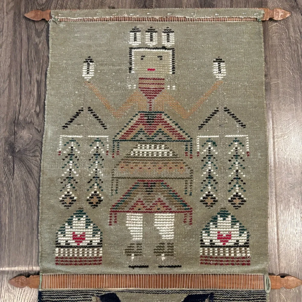 Vintage Native American Hand Woven Wool Wall Hanging Rug Tribal Man Navajo Yei?